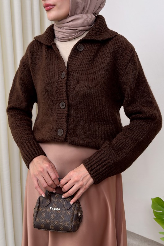 Yaka Detaylı Triko Hırka 0179 - KAHVERENGİ