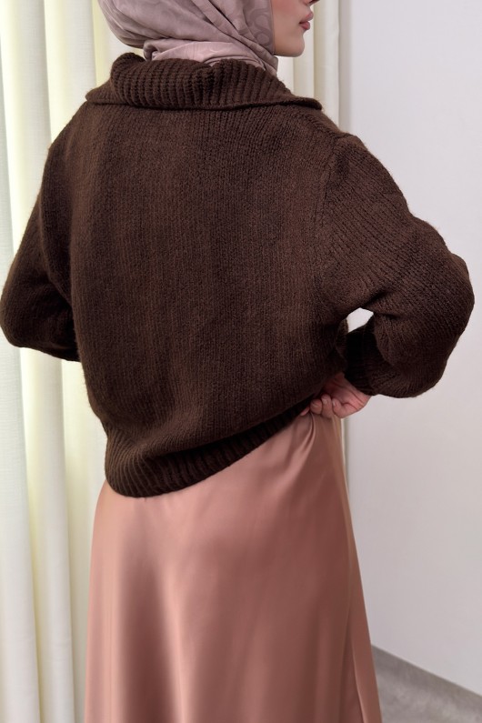 Yaka Detaylı Triko Hırka 0179 - KAHVERENGİ