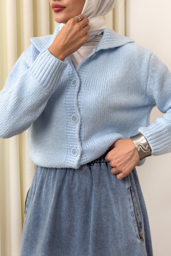 Yaka Detaylı Triko Hırka 0179 - MAVİ