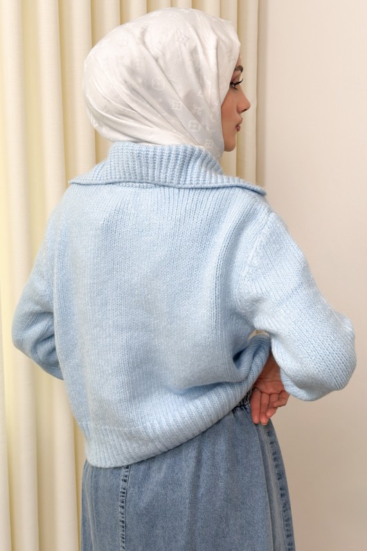 Yaka Detaylı Triko Hırka 0179 - MAVİ