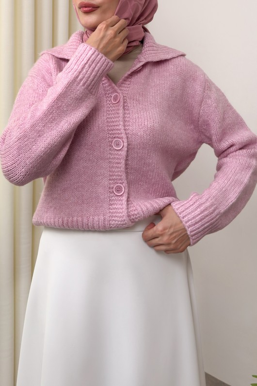 Yaka Detaylı Triko Hırka 0179 - PEMBE