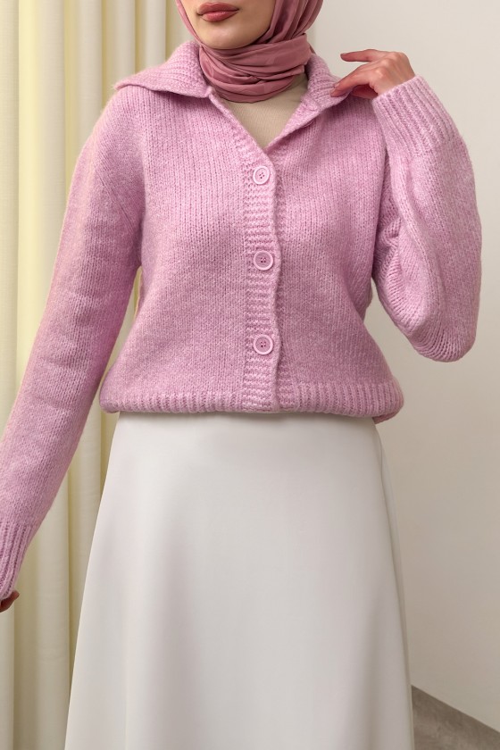 Yaka Detaylı Triko Hırka 0179 - PEMBE