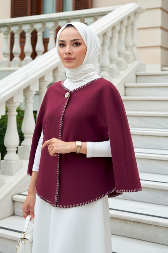 Tek Düğmeli Kaşe Panço 0018 - BORDO