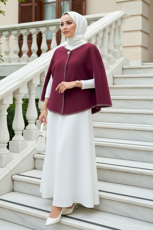 Tek Düğmeli Kaşe Panço 0018 - BORDO