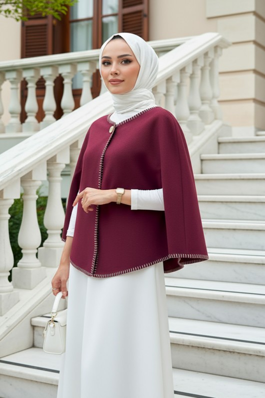 Tek Düğmeli Kaşe Panço 0018 - BORDO