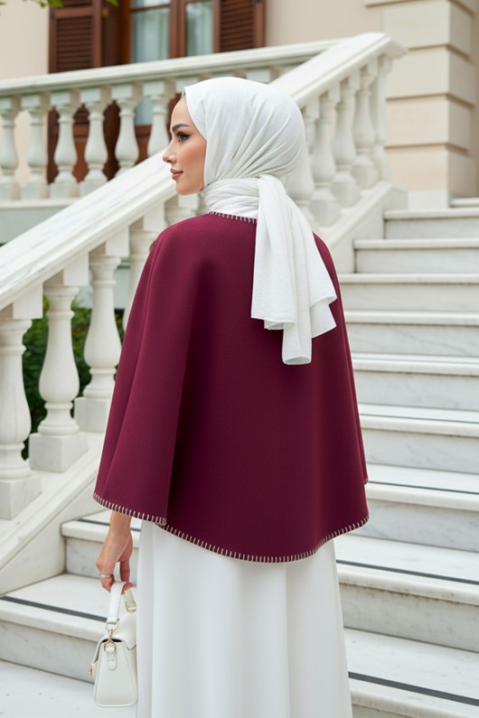 Tek Düğmeli Kaşe Panço 0018 - BORDO