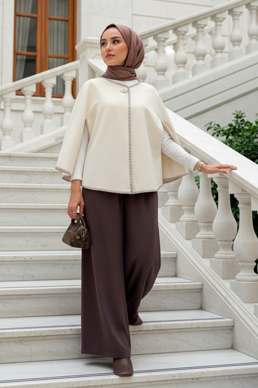 Tek Düğmeli Kaşe Panço 0018 - EKRU