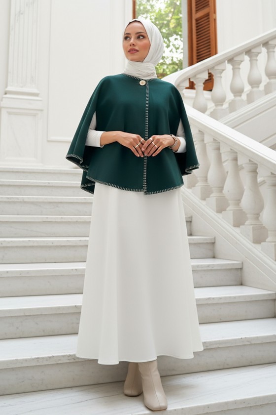 Tek Düğmeli Kaşe Panço 0018 - ZÜMRÜT YEŞİLİ