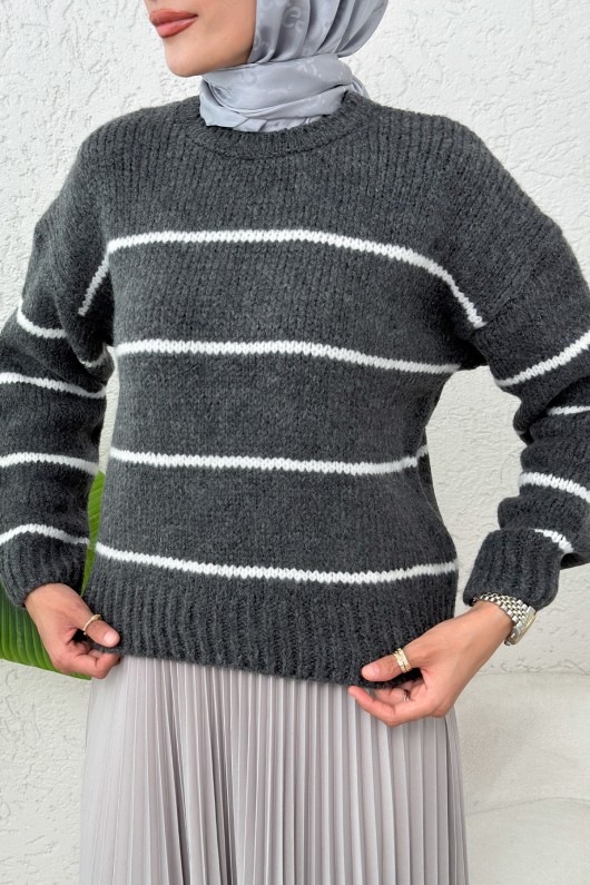 Çizgili Triko Kazak 00185 - ANTRASİT