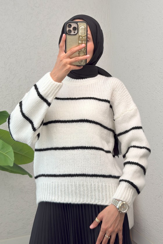 Çizgili Triko Kazak 00185 - BEYAZ