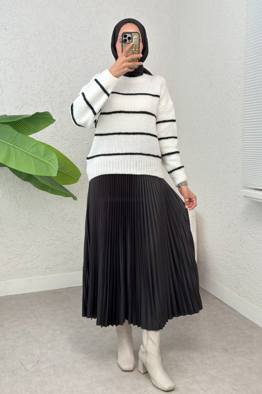 Çizgili Triko Kazak 00185 - BEYAZ