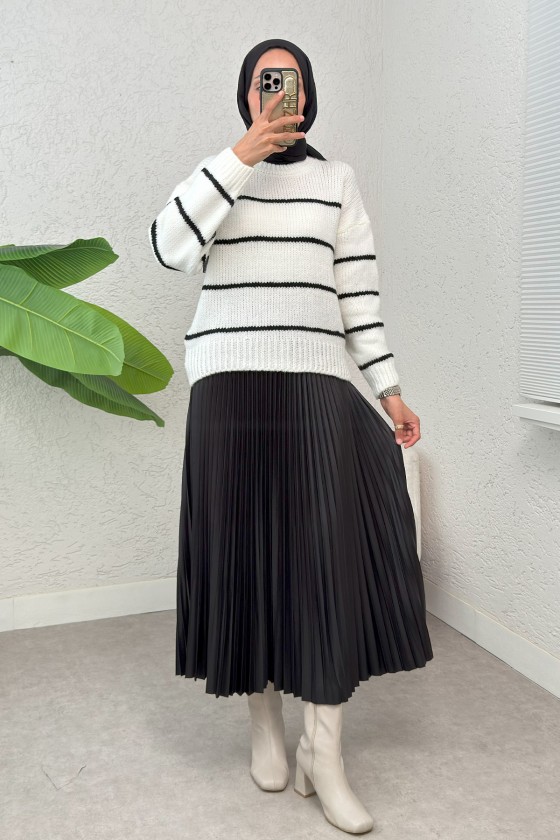 Çizgili Triko Kazak 00185 - BEYAZ Çizgili Triko Kazak 00185 - BEYAZ