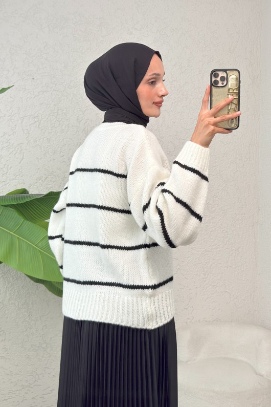 Çizgili Triko Kazak 00185 - BEYAZ