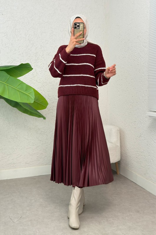 Çizgili Triko Kazak 00185 - BORDO