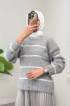 Çizgili Triko Kazak 00185 - GRİ