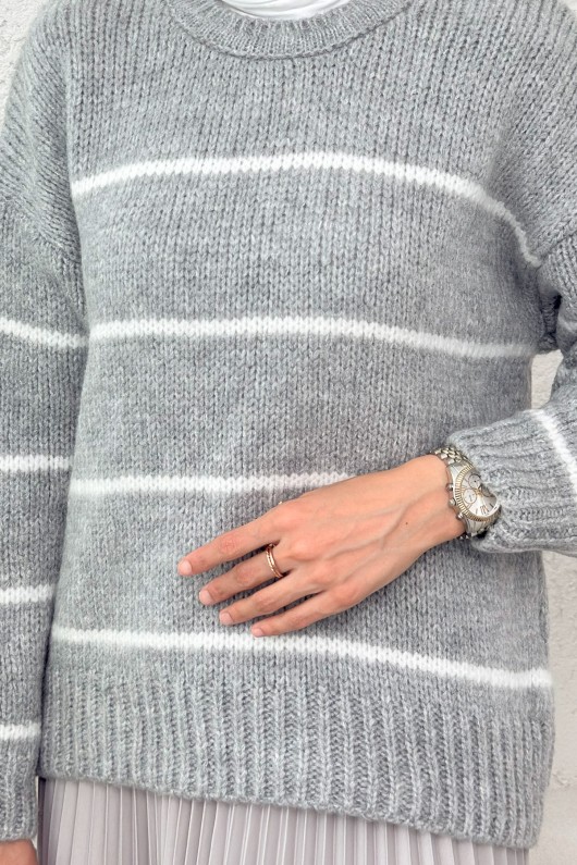 Çizgili Triko Kazak 00185 - GRİ