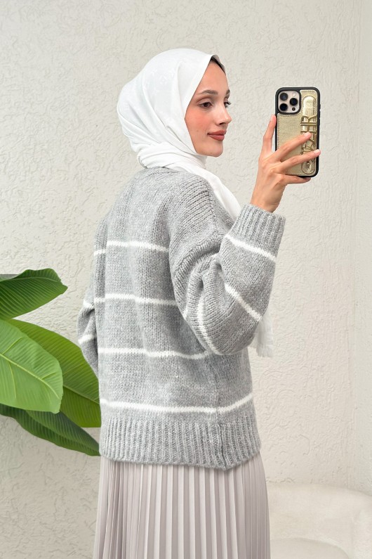 Çizgili Triko Kazak 00185 - GRİ