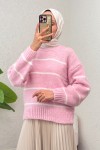 Çizgili Triko Kazak 00185 - PEMBE