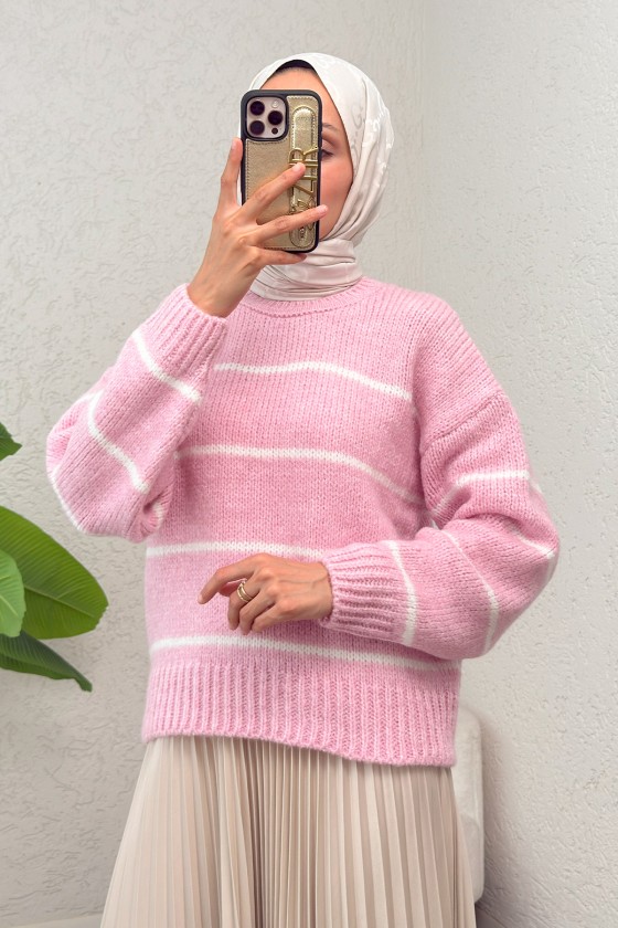 Çizgili Triko Kazak 00185 - PEMBE