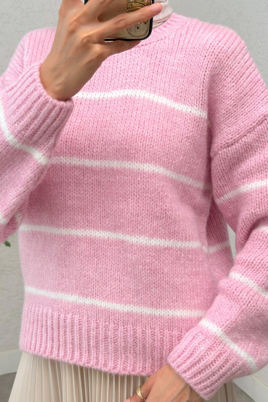 Çizgili Triko Kazak 00185 - PEMBE