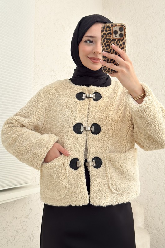 Toka Detaylı Peluş Ceket 0020 - BEJ Toka Detaylı Peluş Ceket 0020 - BEJ