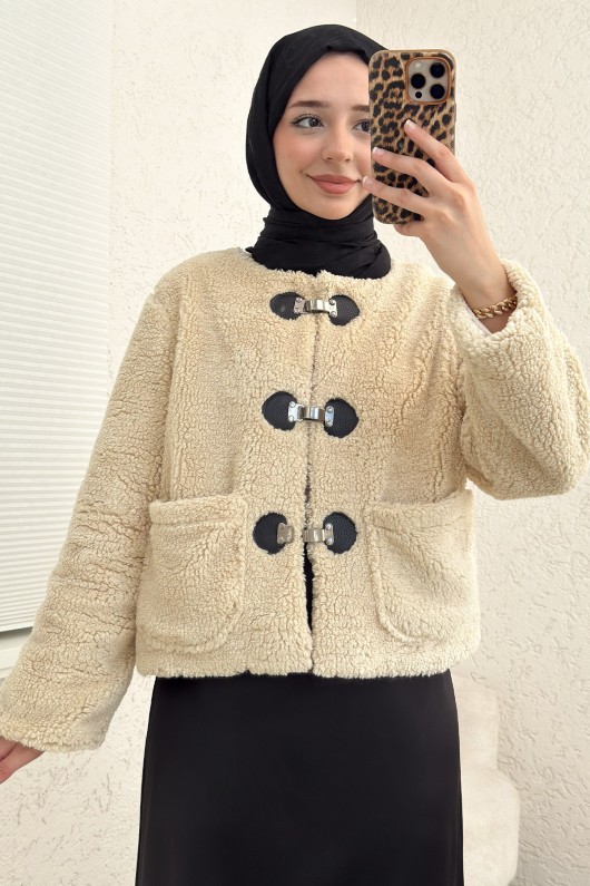 Toka Detaylı Peluş Ceket 0020 - BEJ Toka Detaylı Peluş Ceket 0020 - BEJ