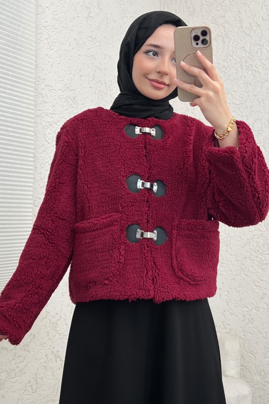 Toka Detaylı Peluş Ceket 0020 - BORDO Toka Detaylı Peluş Ceket 0020 - BORDO