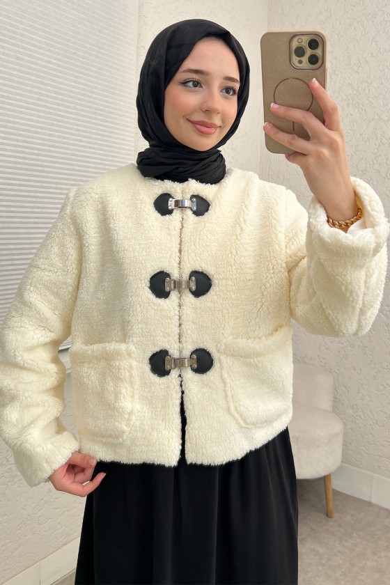 Toka Detaylı Peluş Ceket 0020 - EKRU