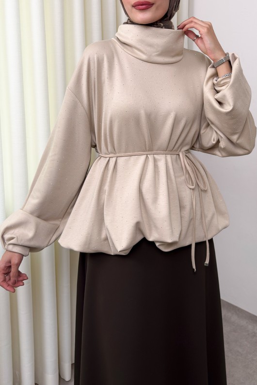 Taş Detaylı Salaş Swit Bluz 0026 - BEJ