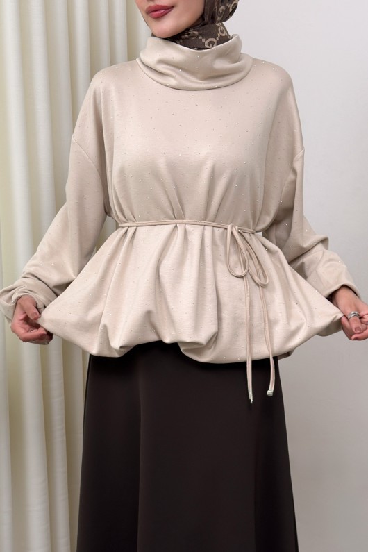 Taş Detaylı Salaş Swit Bluz 0026 - BEJ