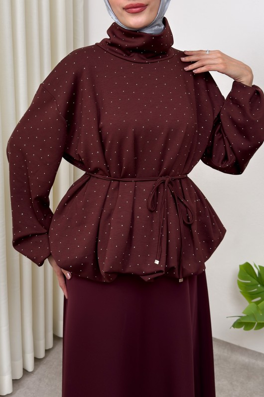 Taş Detaylı Salaş Swit Bluz 0026 - BORDO