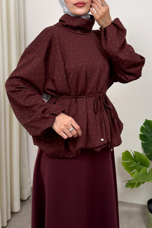 Taş Detaylı Salaş Swit Bluz 0026 - BORDO