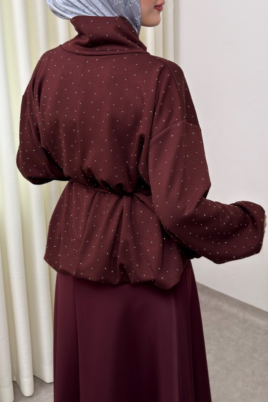 Taş Detaylı Salaş Swit Bluz 0026 - BORDO