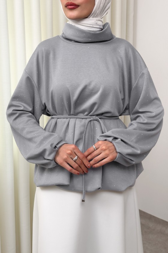 Taş Detaylı Salaş Swit Bluz 0026 - GRİ