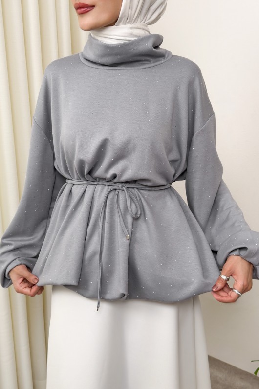 Taş Detaylı Salaş Swit Bluz 0026 - GRİ