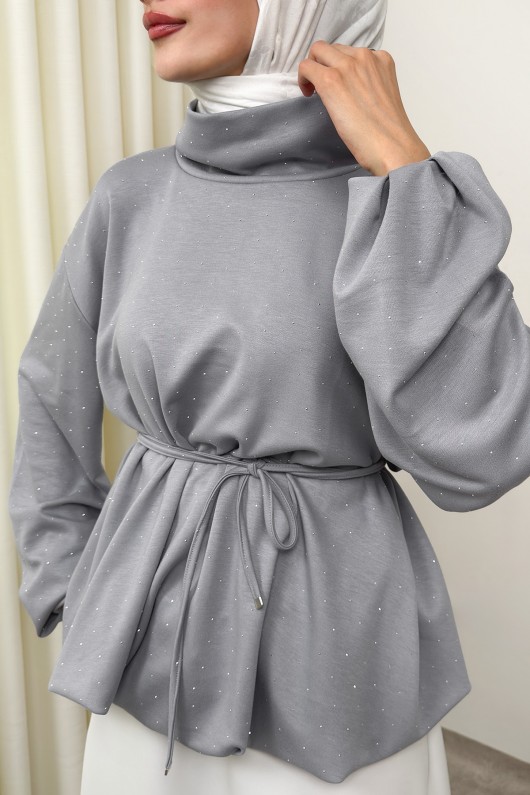 Taş Detaylı Salaş Swit Bluz 0026 - GRİ