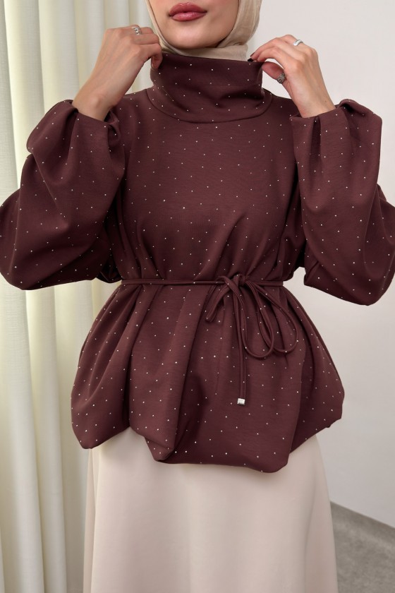 Taş Detaylı Salaş Swit Bluz 0026 - KOYU KAHVERENGİ