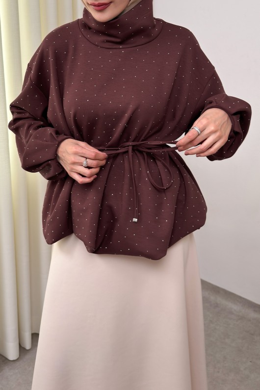 Taş Detaylı Salaş Swit Bluz 0026 - KOYU KAHVERENGİ