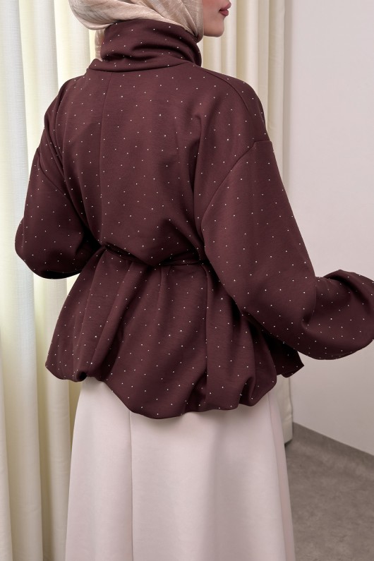 Taş Detaylı Salaş Swit Bluz 0026 - KOYU KAHVERENGİ