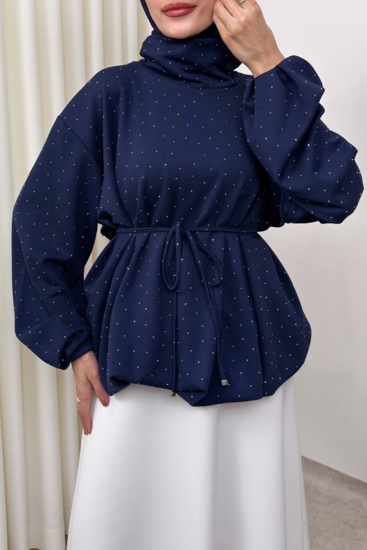 Taş Detaylı Salaş Swit Bluz 0026 - LACİVERT