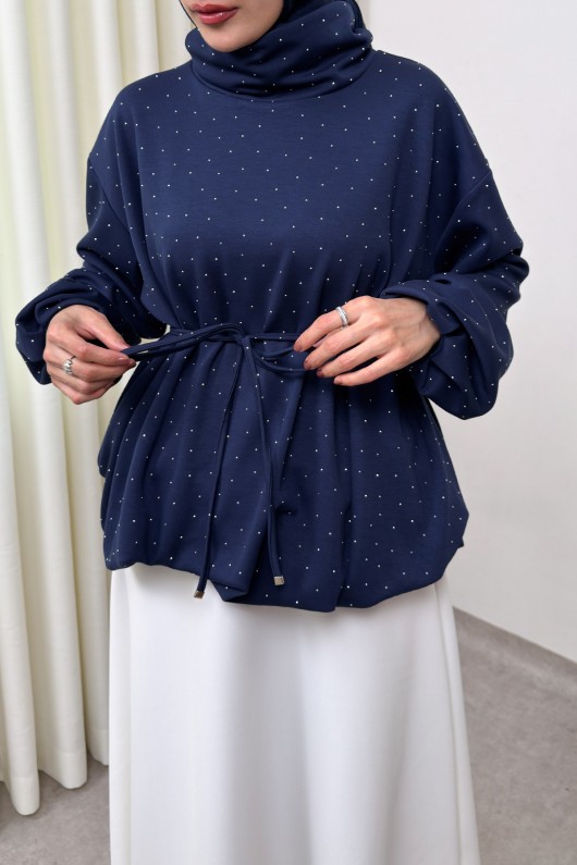 Taş Detaylı Salaş Swit Bluz 0026 - LACİVERT