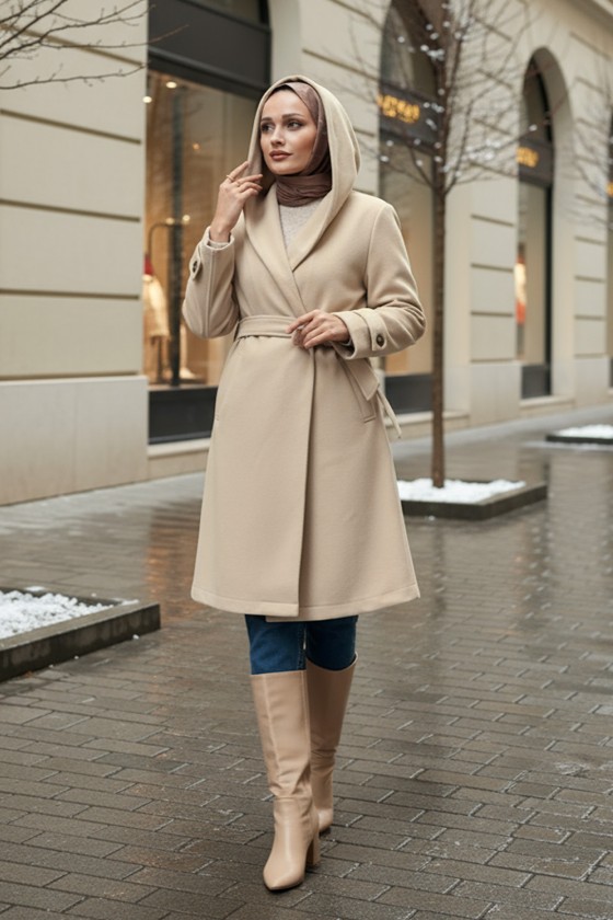 Kapüşonlu Kaşe Kaban 0027 - BEJ