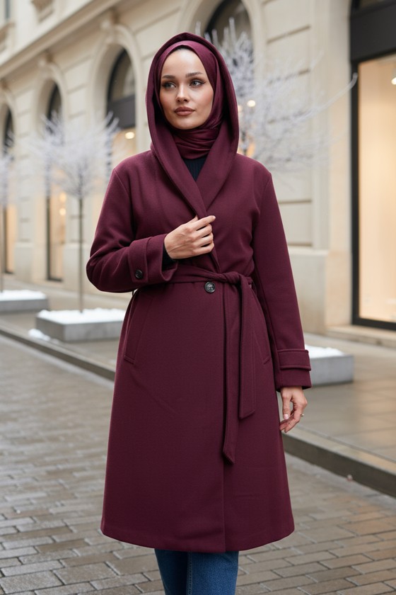 Kapüşonlu Kaşe Kaban 0027 - BORDO