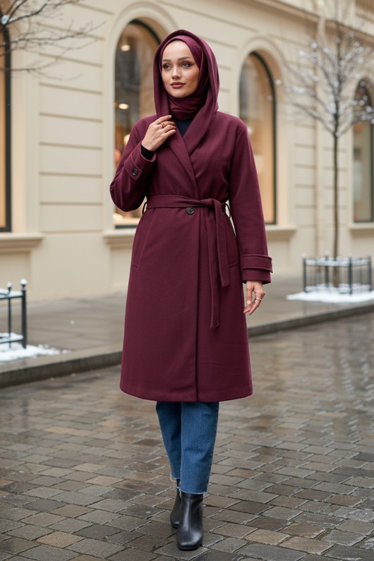 Kapüşonlu Kaşe Kaban 0027 - BORDO Kapüşonlu Kaşe Kaban 0027 - BORDO