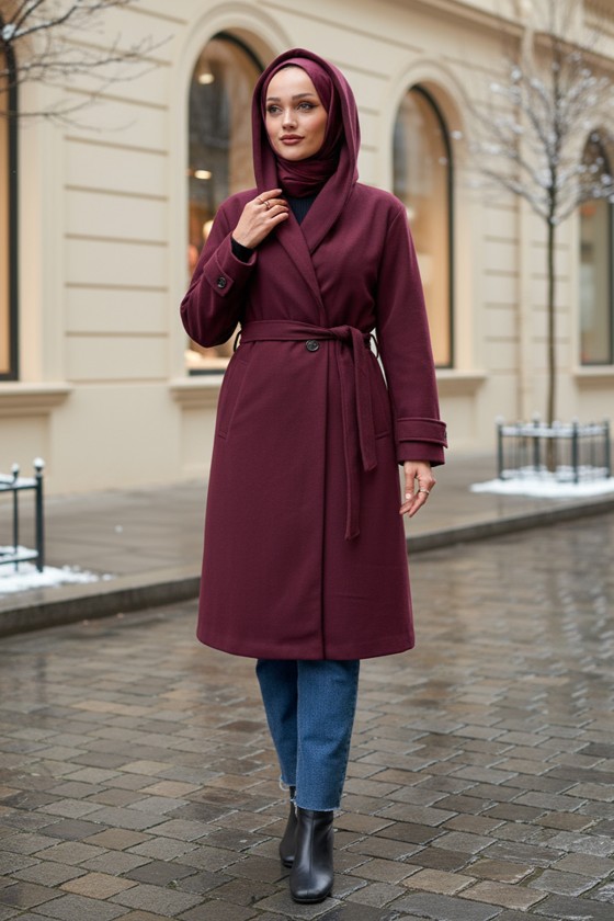Kapüşonlu Kaşe Kaban 0027 - BORDO