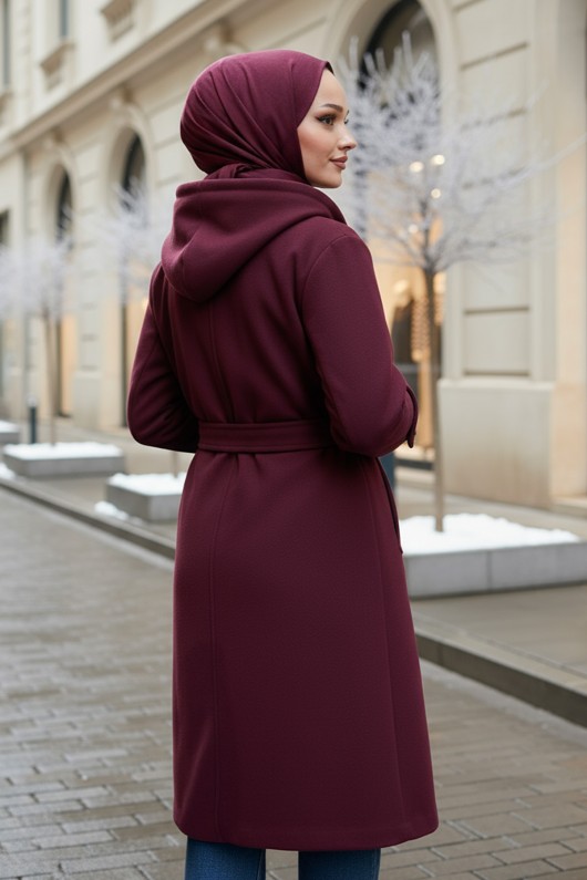 Kapüşonlu Kaşe Kaban 0027 - BORDO Kapüşonlu Kaşe Kaban 0027 - BORDO