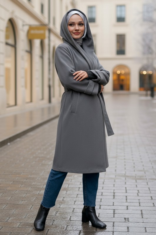 Kapüşonlu Kaşe Kaban 0027 - GRİ Kapüşonlu Kaşe Kaban 0027 - GRİ