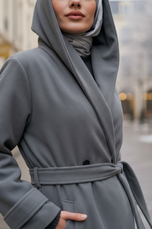 Kapüşonlu Kaşe Kaban 0027 - GRİ Kapüşonlu Kaşe Kaban 0027 - GRİ
