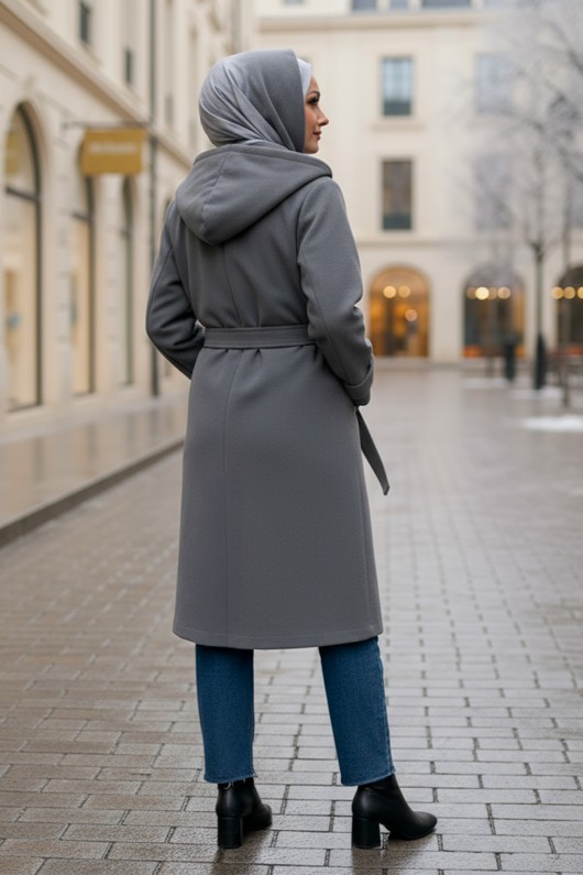 Kapüşonlu Kaşe Kaban 0027 - GRİ Kapüşonlu Kaşe Kaban 0027 - GRİ