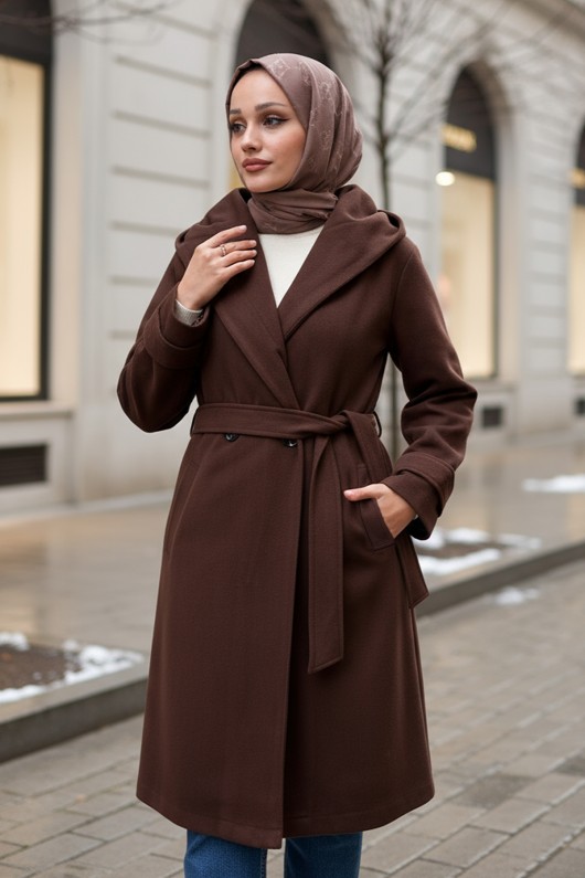 Kapüşonlu Kaşe Kaban 0027 - KAHVERENGİ